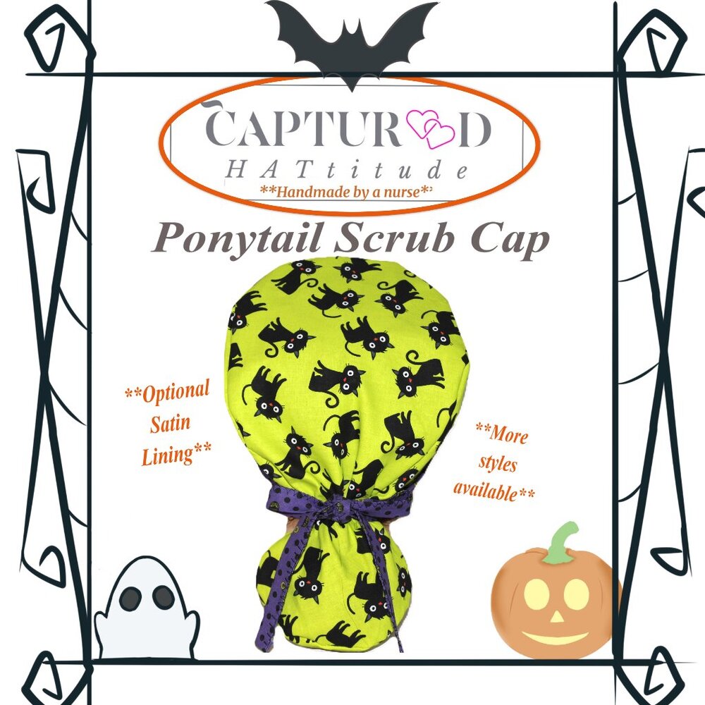 Womens Scaredy Cat Halloween Ponytail Scrub Cap, Handmade NWOT